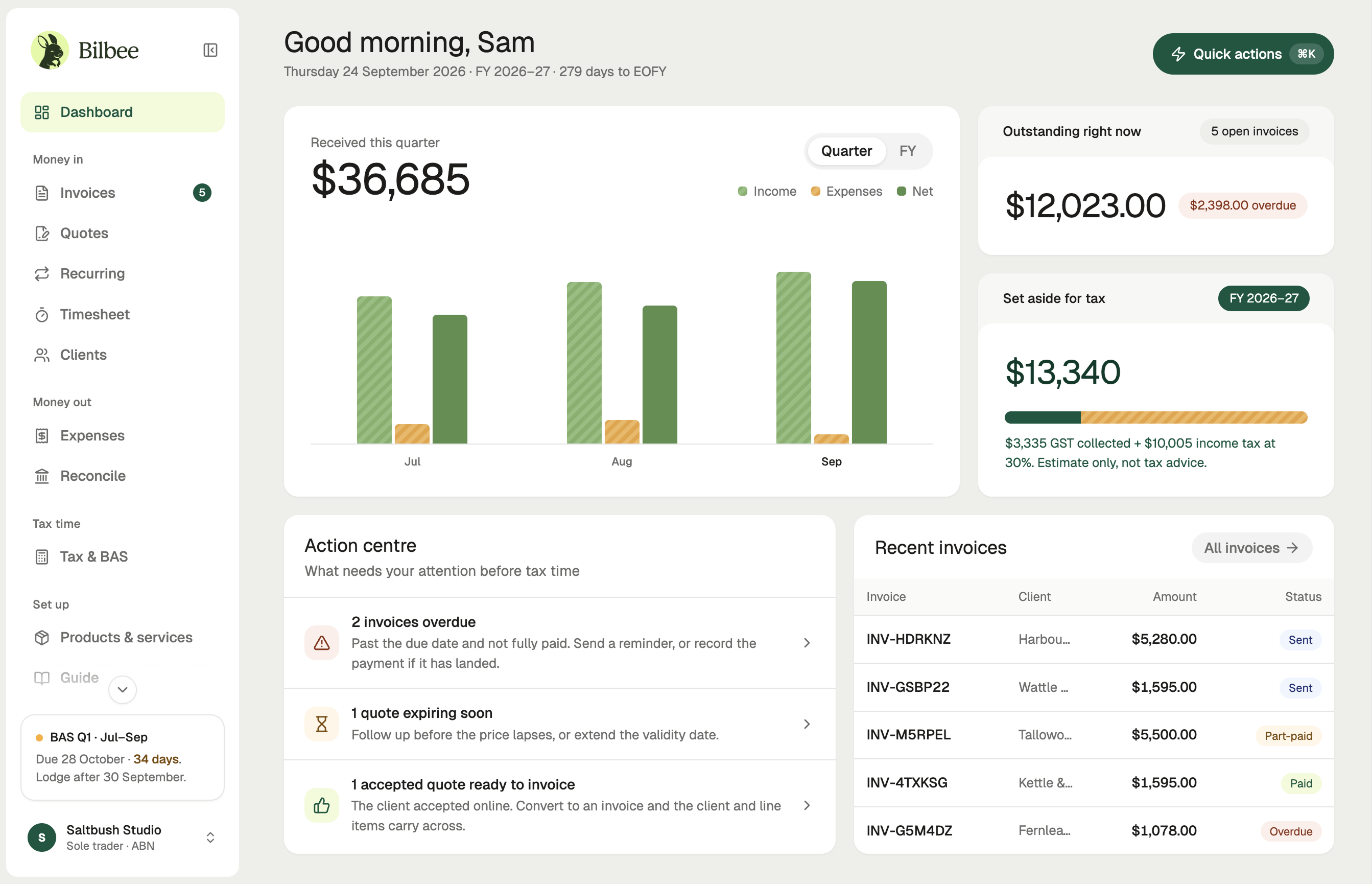 Bilbee dashboard showing income, outstanding invoices, tax set-aside estimates and recent activity.